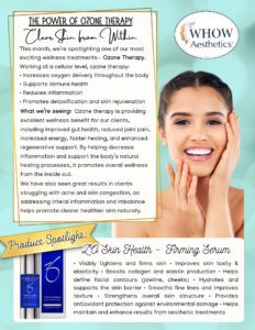 Smiling woman promoting skincare and ozone therapy.