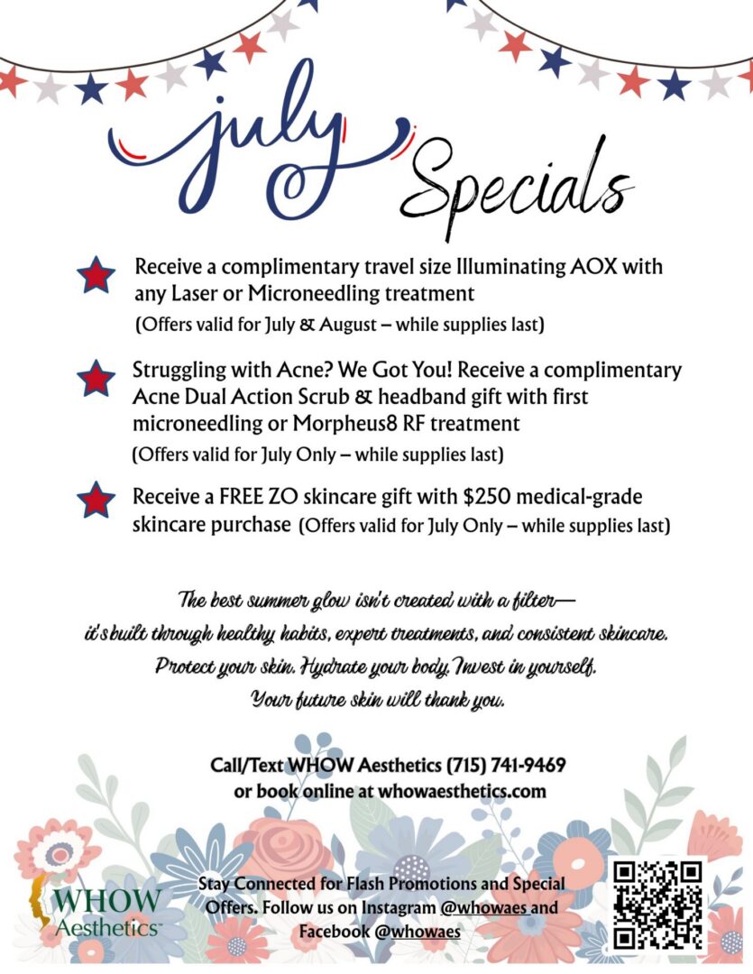 July specials skincare flyer with patriotic decorations