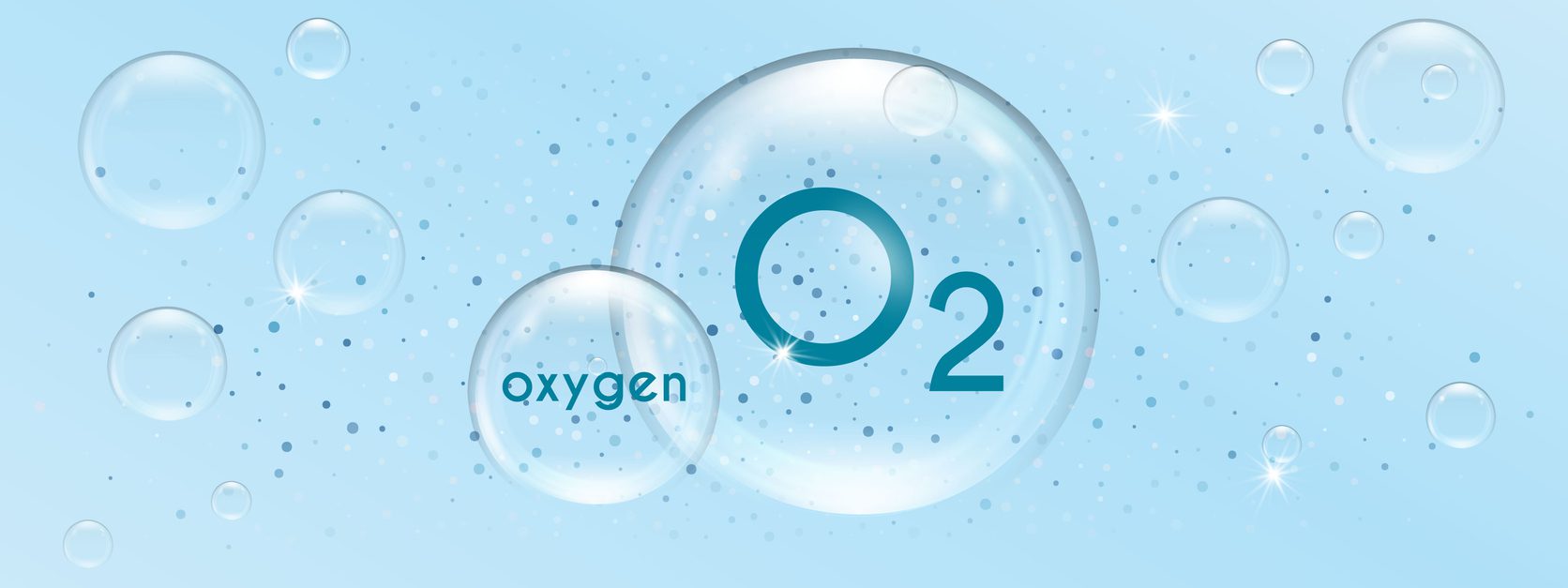Oxygen molecule or O2​ bubble icon floats in water, a perfect 3D vector and chemical formula illustration with a fresh, clean blue background for beauty and science
